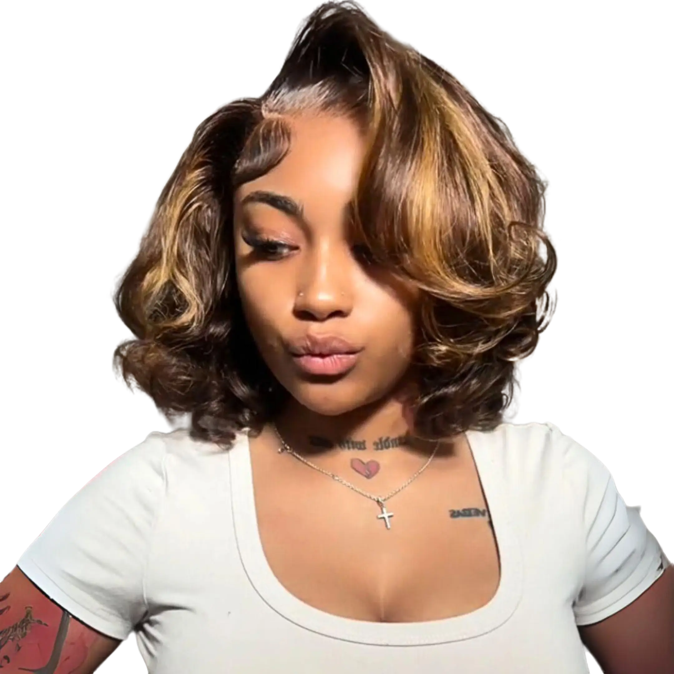 [New In 7x6 Wig] MENGLLE Honey Blonde Highlight / Natural Black / Brown Short Bouncy Body Wave Glueless 7x6 Transparent Lace Front Human Hair Side Part Bob Wig#Summervibes#DealsForYouDays
