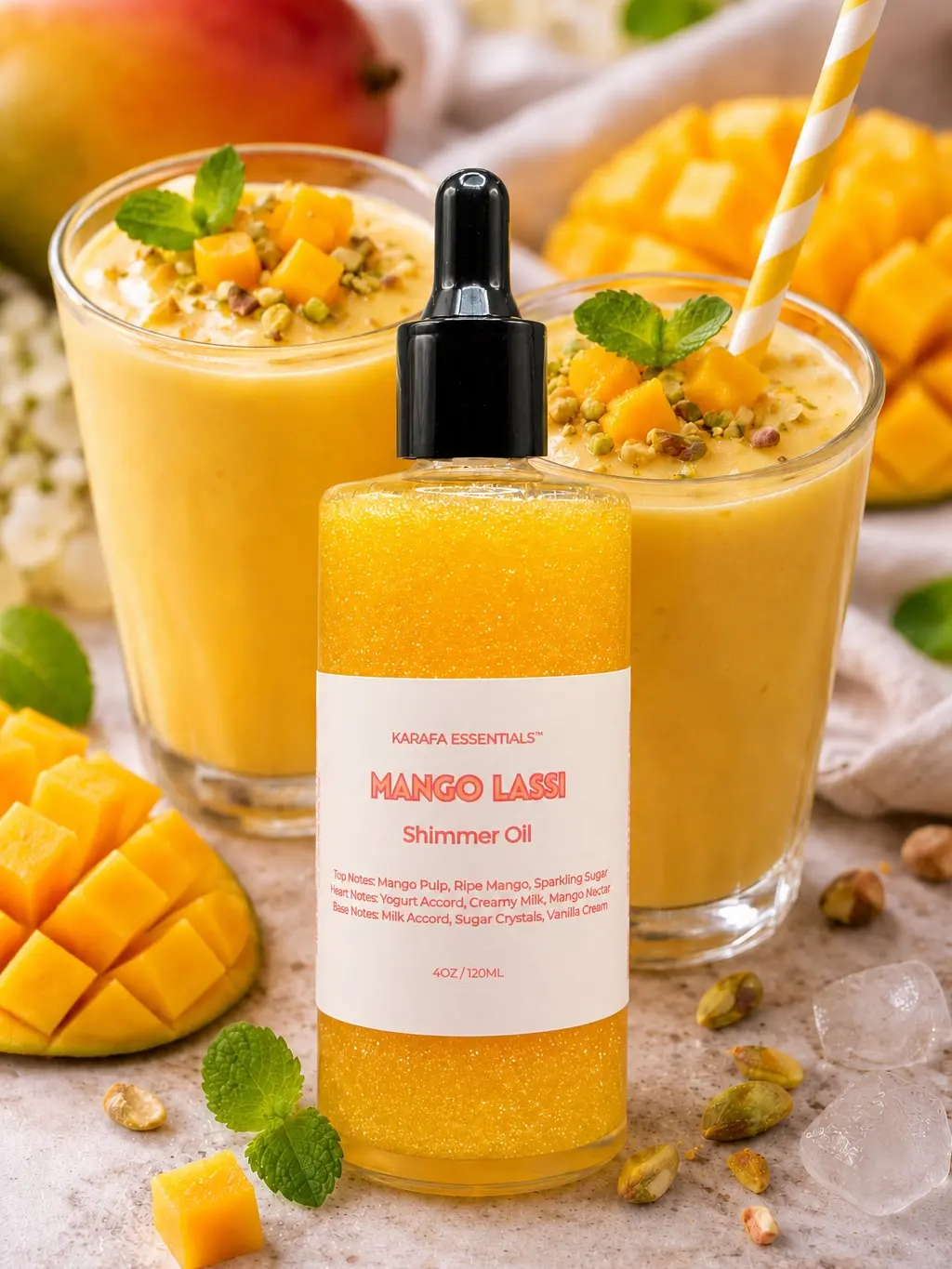 *LIMITED SUMMER EDITION* Mango Lassi Moisturizing Body Oil Mango Pulp, Ripe Mango, Sparkling Sugar, Yogurt Accord, Creamy Milk, Mango Nectar, Milk Accord, Sugar Crystals, Vanilla Cream by Karafa Essentials