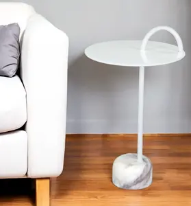 HomeRoots 556509 25 in. White Iron & Marble Round Pedestal End Table