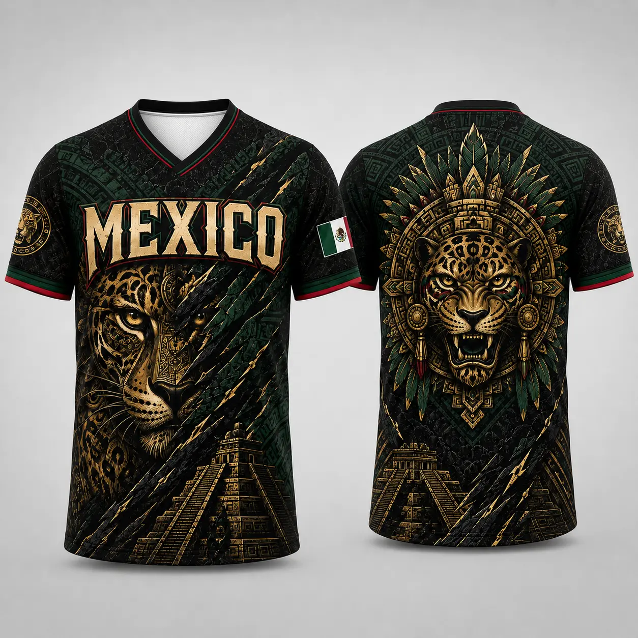 Men's Short Sleeve Graphic T-Shirt - V-Neck Jaguar Temple All-Over Print with Ancient Motifs, Lightweight Cultural Streetwear, Unique Gifts for Man, Men's Shirts tiktokshopbacktoschool