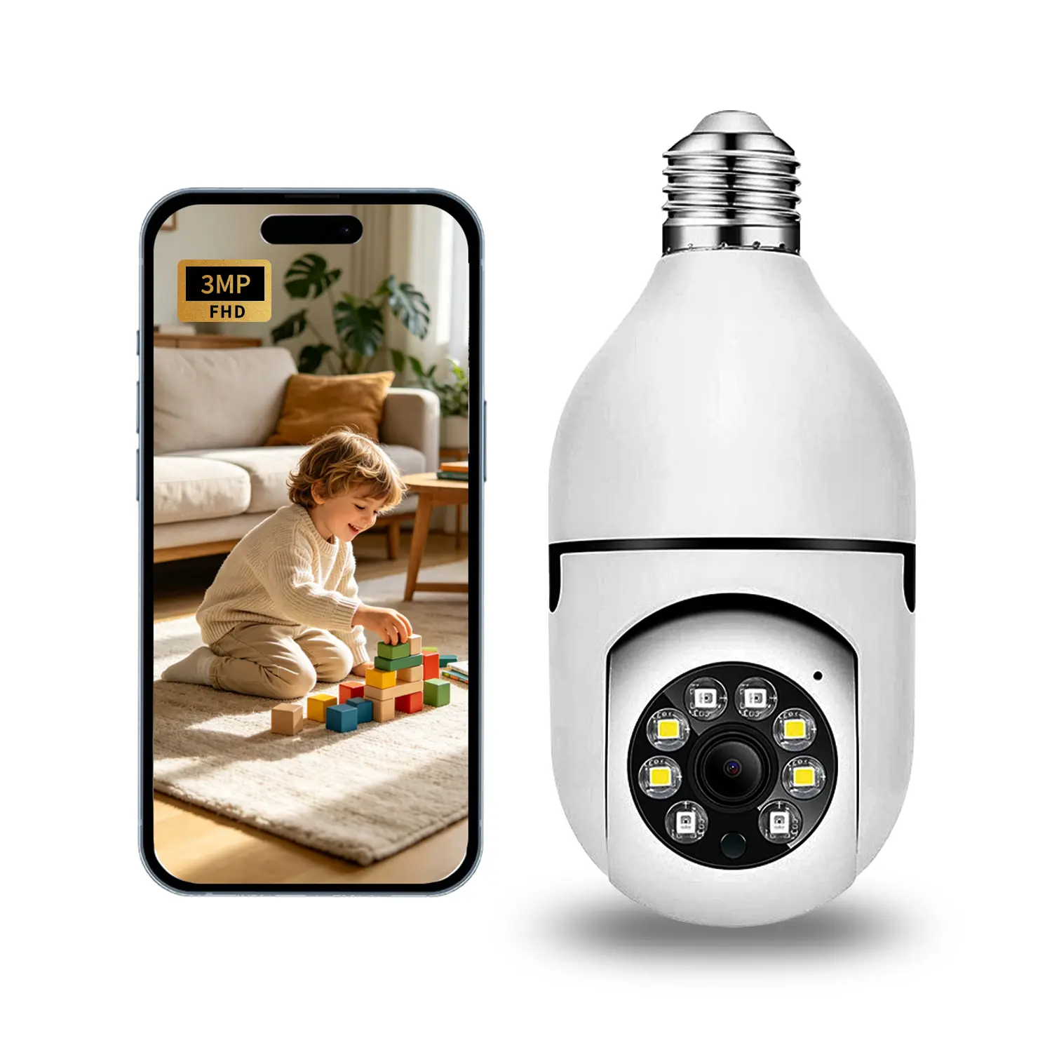 PCGVY 3MP AI E27 Bulb Security Camera, WiFi Indoor Monitoring Camera with 360° PTZ Rotation, Human Detection, Auto Tracking, 2-Way Audio, Night Vision, Easy Installation, SD Card & Cloud Storage Support, Home Protection