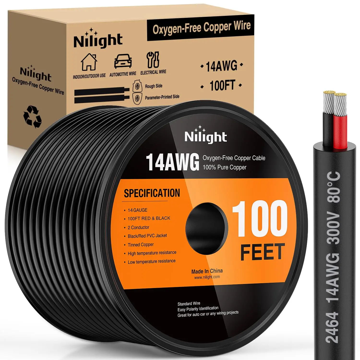 Nilight 100FT 14AWG Oxygen-Free Copper Electrical Wire - Red-Black Stranded PVC Cord, 2-Conductor Parallel 300V DC Flexible Direct Burial Extension Cable for LED Lights, Automotive Use, High Temperature Resistance, Waterproof, Temperature Protection