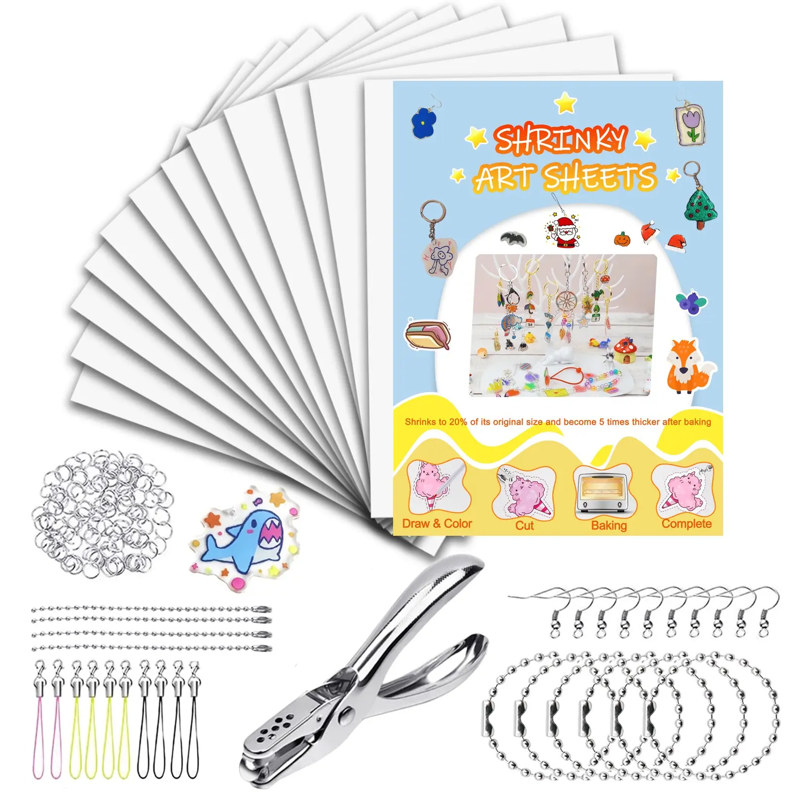 143PCS DIY Shrinky Paper Craft Kit with One-Side Frosted Shrink Sheets and Accessories, Craft Supplies, Makes Keychains & Pendants, Mess-Free Art for Kids, Perfect for Parent-Child Activities, Ideal Birthday Gifts and Christmas Stocking Stuffers