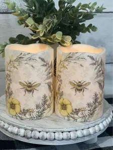 Set of 2 Spring Honey Bee Inspired 4" Flameless Flickering LED Candles on Black Wooden Risers for Mothers Day Home Decor Summer Ambiance - Ambient Night Light
