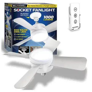 Socket Fan with Remote, Detachable Blades, 4-Leaf Dimmable Ceiling Fan Light, Quiet Adjustable LED Lamp, Modern Cooling Light for Living Room, Bedroom, Bathroom