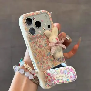 Fresh Floral Plush Rabbit Makeup Mirror Holder With Lychee Skin Pattern for iPhone 17/16 Promax & 15/14/13 Cases