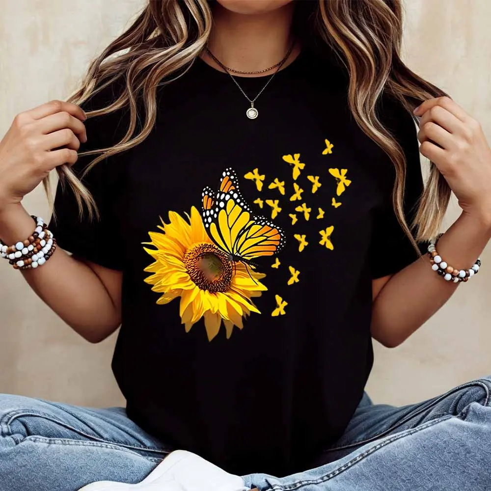 Sunflower And Butterfly Print T Shirt  Casual Loose Fit For Everyday Wear And Light Activities