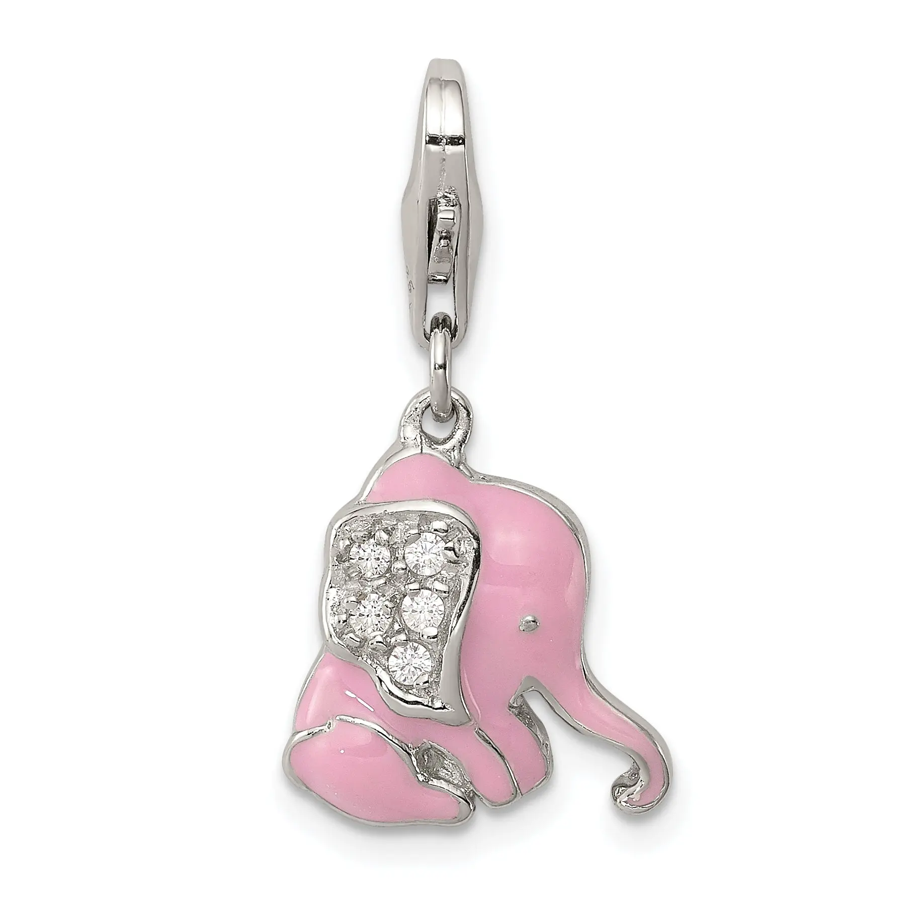 Sterling Silver Pink Enameled CZ Elephant Charm for Kids