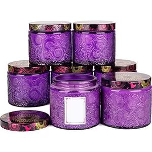 Purple Embossed Glass Candle Container with Tin Lid and Labels, 10 oz - Pack of 9