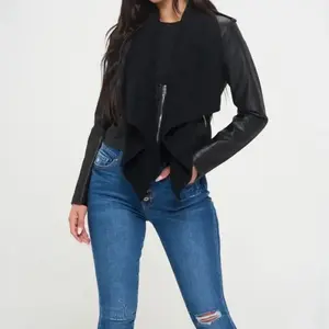 Coalition LA Knit Collared Faux Leather Crop Jacket - Stylish Black Crop Top with Faux Leather Sleeves for Women
