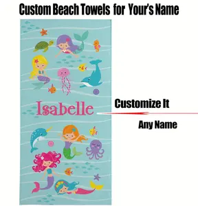 Kids Personalized Bath/Beach Towel Custom with Your Name for Pool Vacation Spring Break Camp Cruise, Super Strong Absorbent, Microfiber, 30 In x 60 In, Sealife and Mermaids