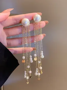 Elegant Trendy Women's Faux Pearl Long Dangle Earrings, High Quality Earrings, Perfect for Weddings & Evening Parties, All-Season Jewelry Accessory