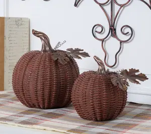 Set of 2 Basketweave Pumpkins with Metal Leaves by Valerie
