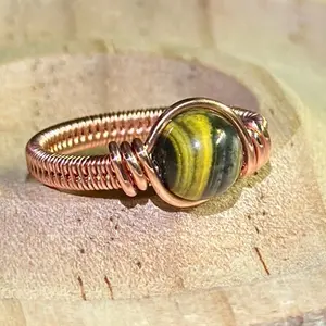 Copper and Bumblebee Jasper Ring with Unique Gemstone Design and Metal Band