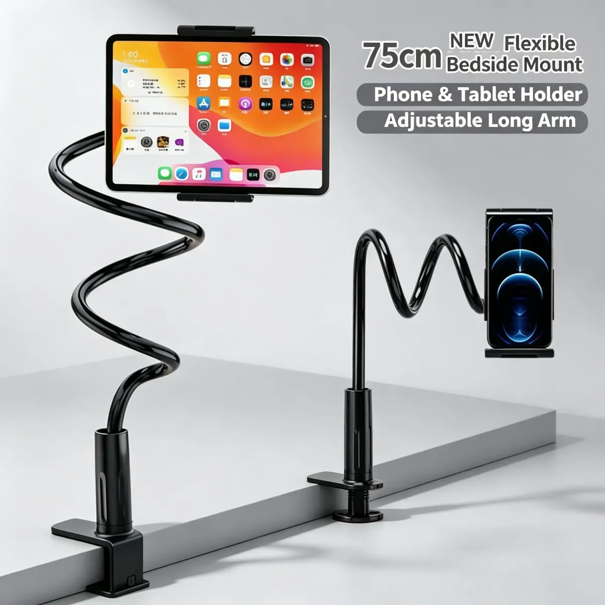 Gooseneck Phone Holder for Bed, 360° Rotatable Metal Desk Phone Stand, Adjustable Flexible Clamp Mount, Universal Fits for iPhone 17 16 15 14 13 12 11 Pro Max Plus iPad Samsung Galaxy All Phones & Tablets, Home Office Bedroom