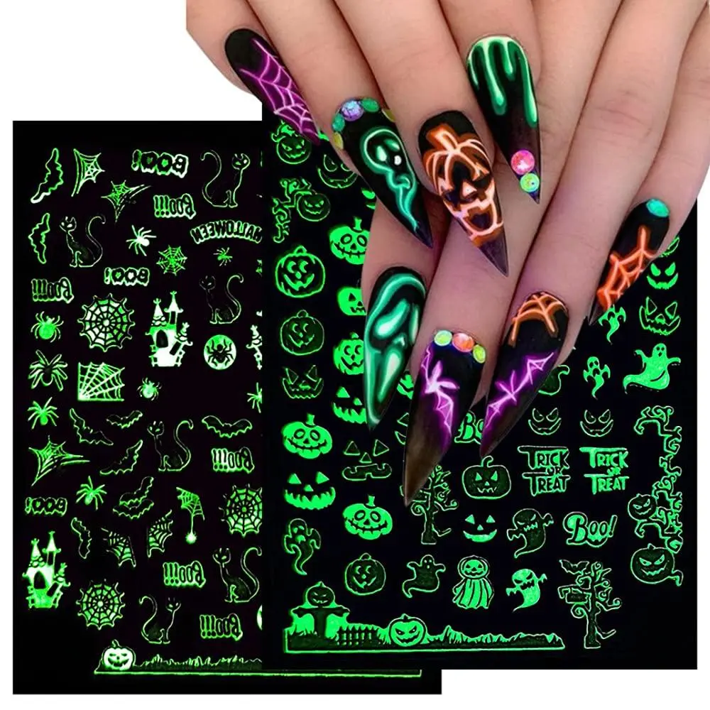 Macute Glowing 3D Halloween Nail Stickers - Self-Adhesive, Easy Apply, 6 Sheets - Multiple Skull, Ghost, Pumpkin, Spider, Bat Decals for All Nails