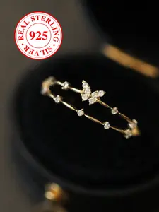 S925 Sterling Silver Butterfly Design Cuff Ring, Rhinestone Decor Unique Ring for Women & Girls, Fashion Jewelry for Party, Daily Decor, Trendy All-match & Exquisite Jewelry for Birthday Gift, with Box