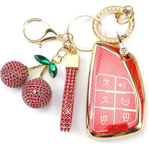 Sparkly Key Fob Cover with Cherry Keychain, Bling TPU Smart Key Case for Women, Compatible with Chevy Suburban Tahoe GMC Yukon GMC Yukon Denali GMC Yukon XL 1500 (6-Button, Gold Red)
