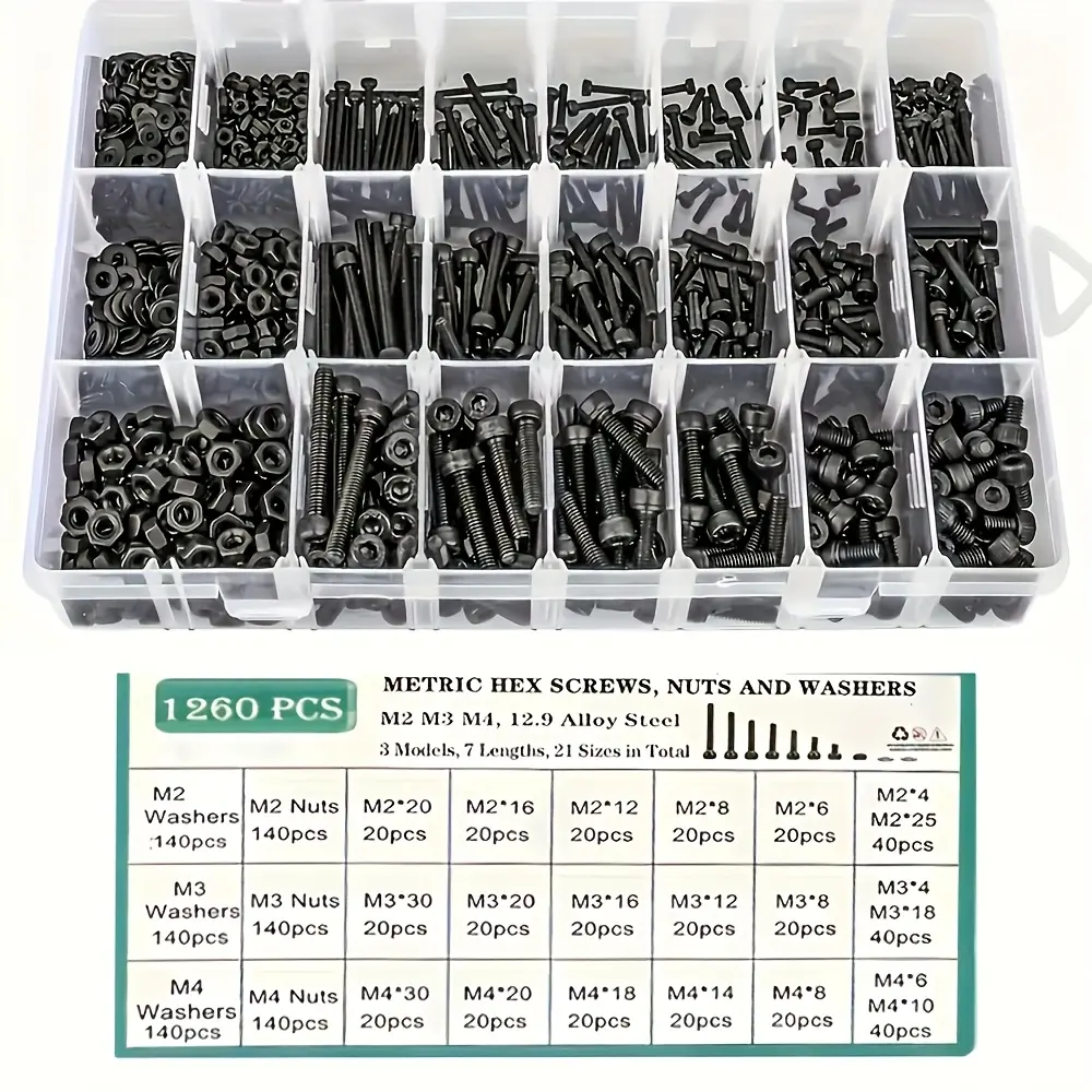 1260-Pcs Upgraded-Coated Metric Bolts Set - 12.9 Grade Hex Socket Head Cap Machine Screws, Metric Hex Screws, Nuts, Washers (21 Sizes: 4mm-30mm) for Home Supplies by summerwins