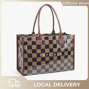 Women's Retro Checkered Tote Bag - Vintage Checkerboard Design, Transparent Large Capacity, Black & Brown Accents, Magnetic Closure, Durable Polyester Lining, Casual Commuter Handbag, Minimalist Style, Sturdy Handle