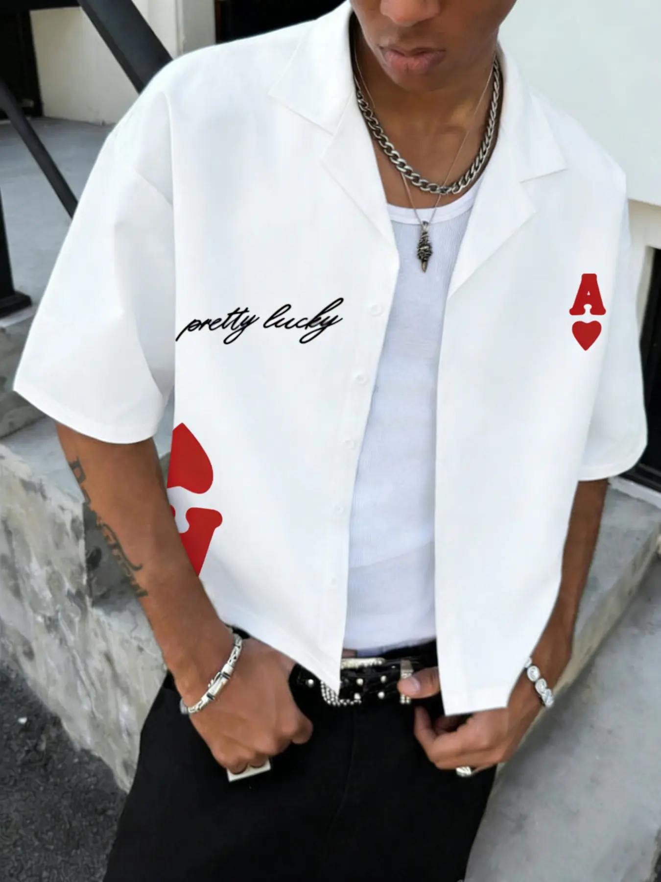 Men's Summer Street Style Blouse, Short Sleeve Loose-Fit Oversized Collared Casual Shirt, Pretty Lucky Graphic Pattern, High-Street Fashion, Streetwear