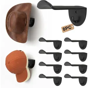 Adhesive Hat Hooks for Wall, 8 Pack, 2.9" Cowboy Hat Rack Prevents Deformation, Hat Hangers with Key Hook for Baseball Caps & Fedora, Drill or Stick, Western Decor Organizer, Black