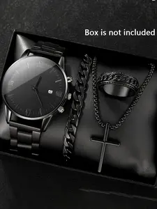 4-Piece Men's Minimalist Set: Black Calendar Quartz Casual Watch + Gothic Cross Pendant Necklace & Ring & Bracelet - Stylish Gift for Him