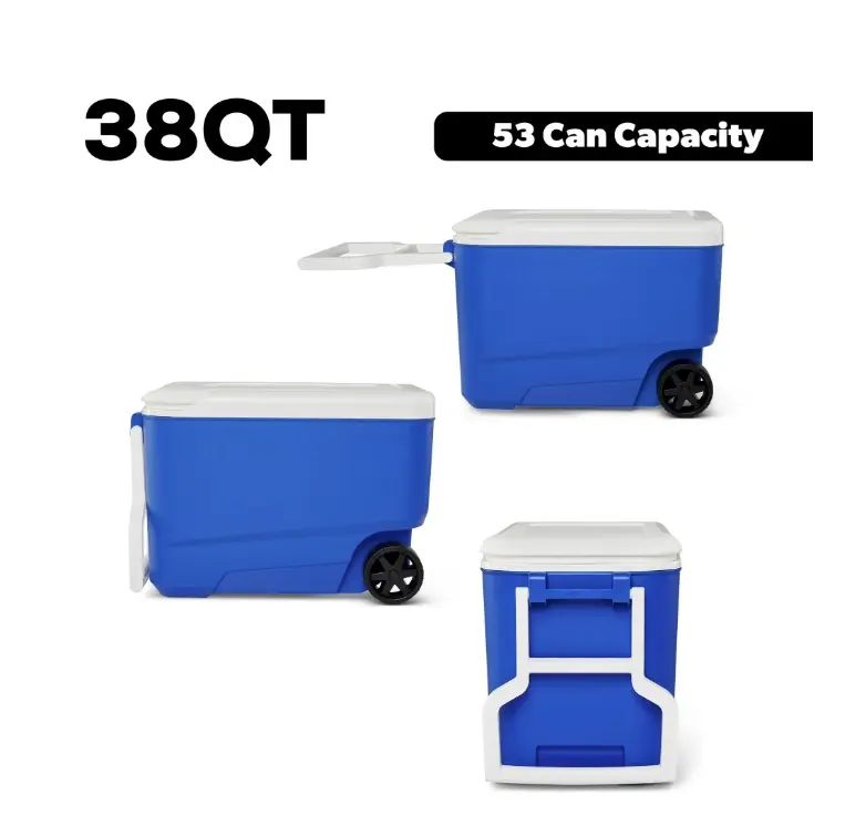 38 QT Hard-Sided Rolling Cooler, Blue - Wheelie Cool Sports & Outdoor Camping Cooler for Camp Kitchen Use