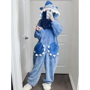 Music festival cartoon shark hooded jumpsuit for Carnival; long-sleeve fuzzy zip-up pajamas; women’s sleepwear and loungewear fabric; polyester onesie/homewear; bright steel blue; cute winter design