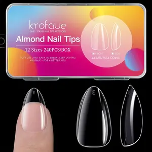 Almond Nails Tips - 240Pcs Clear Fake Tips 12 Sizes Soft Gel False Nails Full Cover Press on Nails Almond for Manicure Salon and Easy DIY Nail Extensions for Women