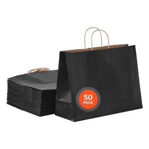 VEVOR Kraft Paper Bags with Handles,  50Pcs 16 x 6 x 12 in, Large Paper Grocery Bags, Reusable & Recycled Take-Out Sacks, Plain Party Bag Bulk for Birthday, Wedding, Business, Goody, Black