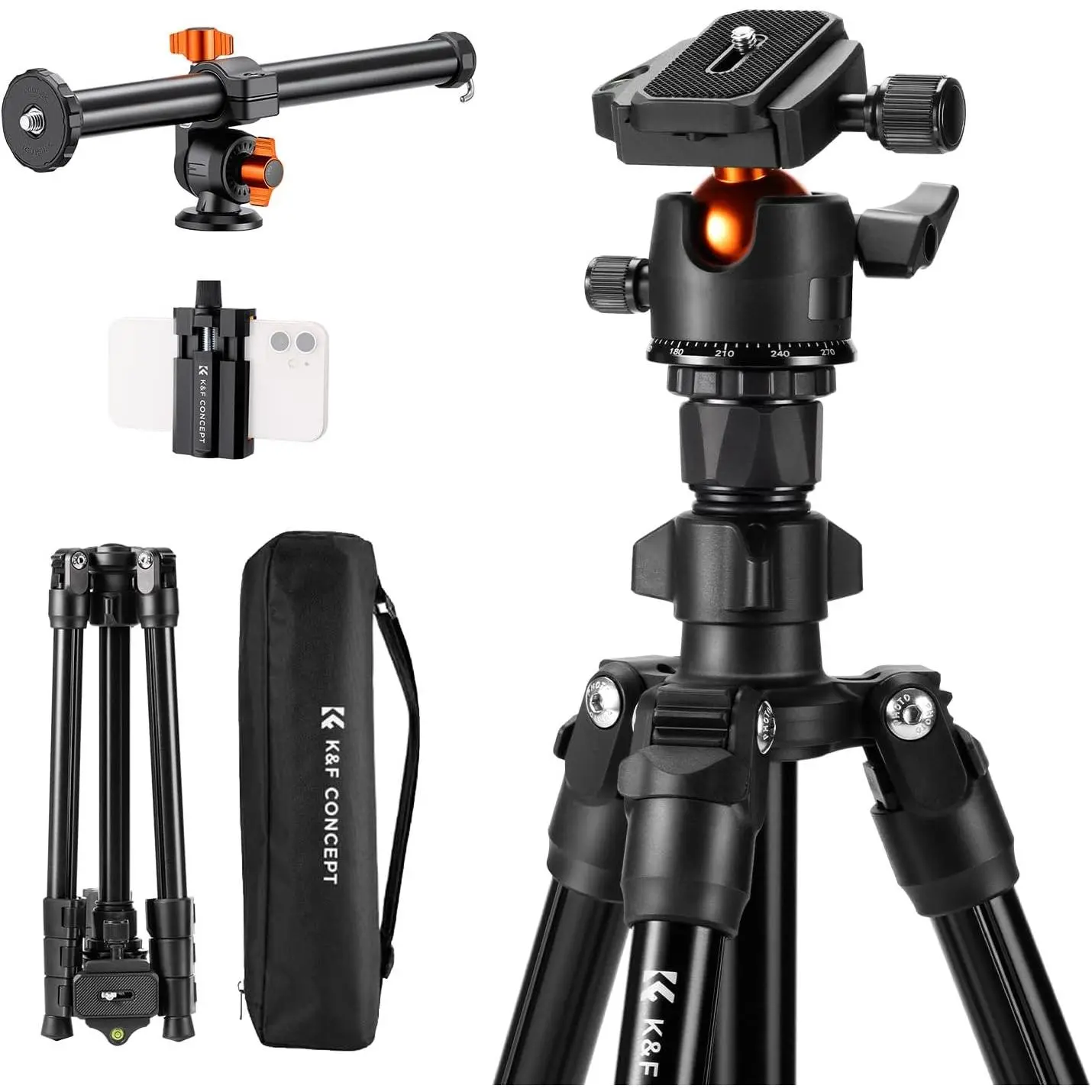 K&F Concept 76in Aluminum Camera Tripod - Portable Photography Accessory with 360-Degree Ball Head, Adjustable Legs, Rotatable Multi-Angle Center Column, 8kg Load, Standard Threads, Smartphone Clip for DSLR, Travel Use