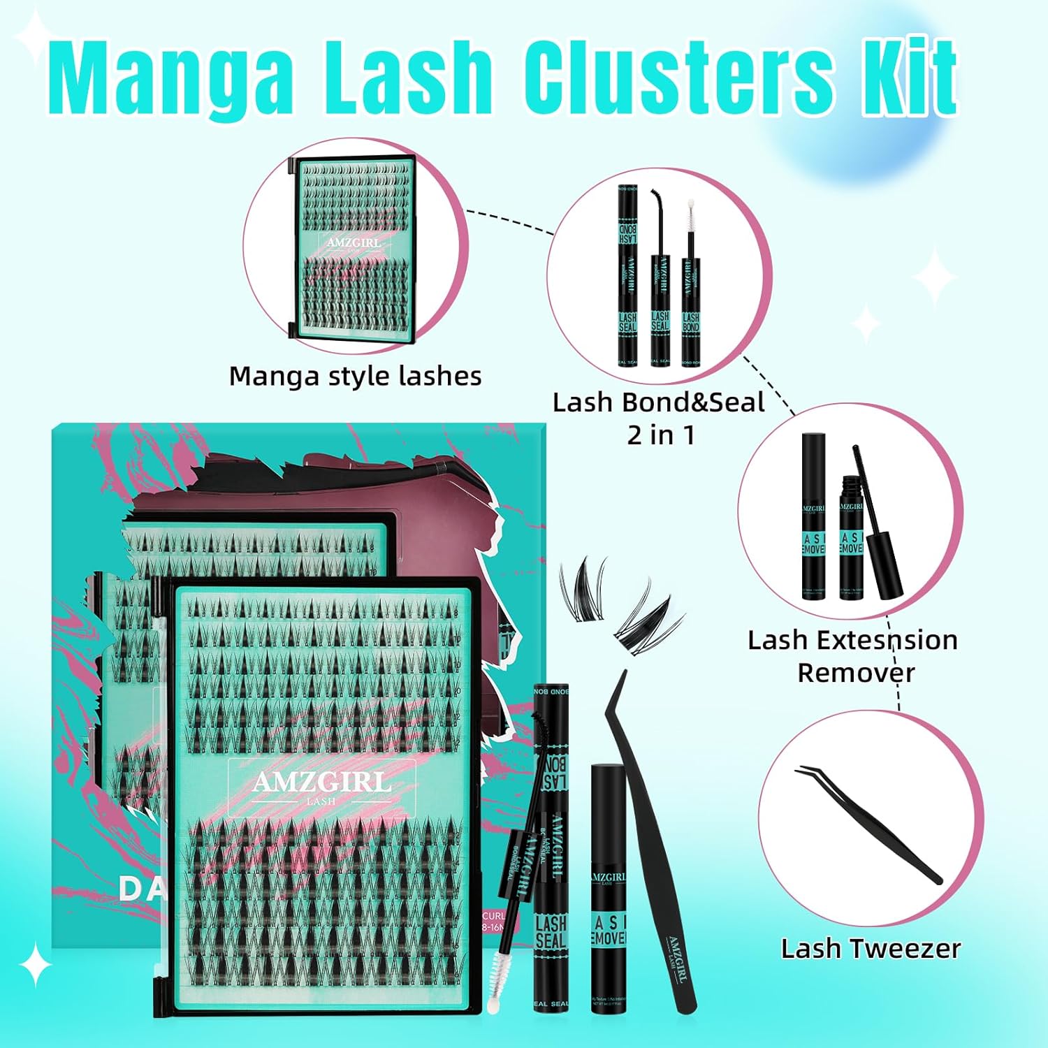 【Buy One Get One Free】AMZGIRL LASH DIY Lash Extensions Kit 144pcs Midnight Waterproof Eyelashes Makeup Cosmetic Set with Bond Seal Remover Applicator