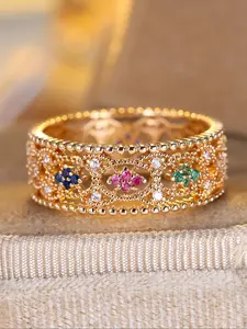 Exquisite Band Rings Hoolow Design Rainbow Color Synthetic Zirconia Vintage Stackable Finger Ring for Women, , Perfect Gift for Engagement Ring Birthdays & Anniversaries