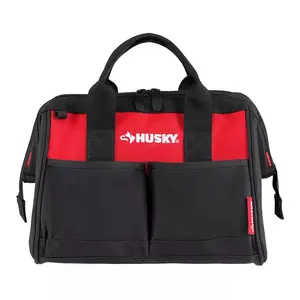 Husky 12 in 4 Pocket Zippered Tool Bag - Durable Red & Black Design with Multiple Pockets for Organized Storage