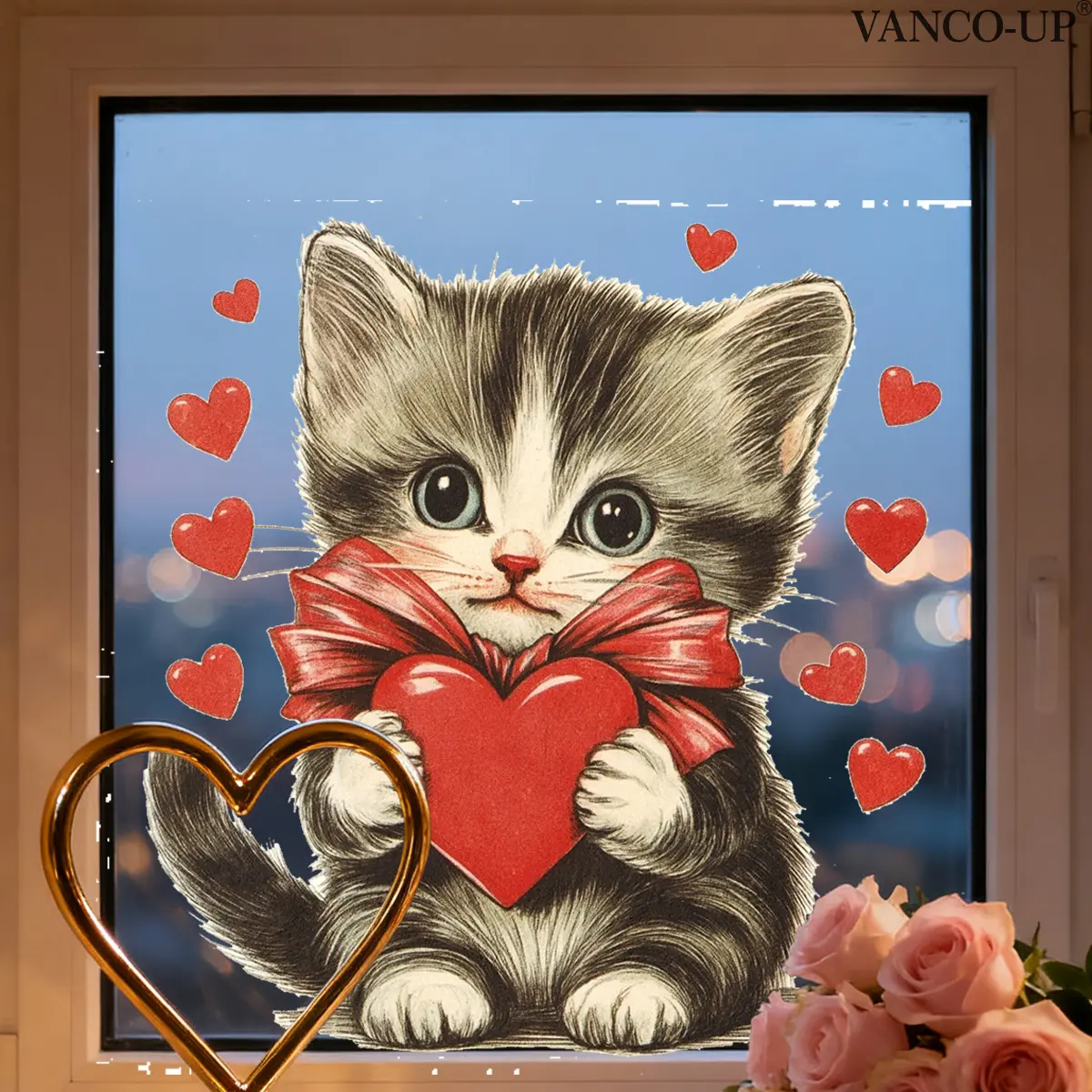 Valentine's Day Cat Holding Heart Window Sticker, 30x30cm 2D Static Cling, Holiday Decoration Background, Ha1030-Yc