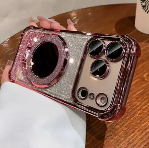 O'Case Glitter iPhone Case with Built-in Camera Lens Protector, MagSafe Ring with Shiny Make Up Mirror, Four Corner Air Cushion Protective Anti-Yellow 3-in-1 Sticker Stand and Glitter Card, High-end for iPhone 17 16 15 Pro Promax Gift for Mom Mother's Day