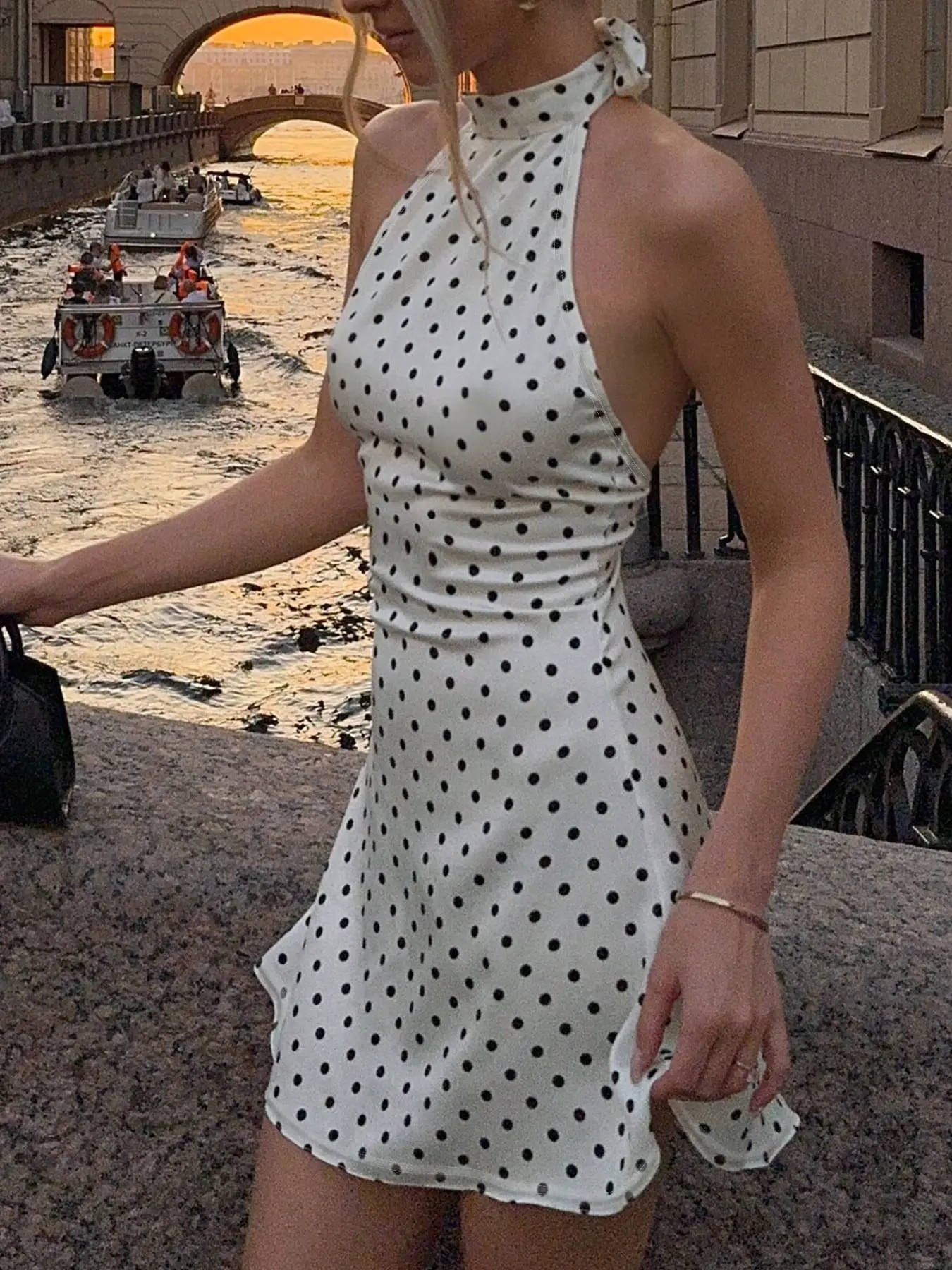 White Polka Dot Halter Open-Back Satin Mini Dress Summer | French Vintage, Romantic Aesthetic & Elegant Sleeveless Fit | Form-Fitting & Flowy Hem | Perfect for Evening/Date Nights