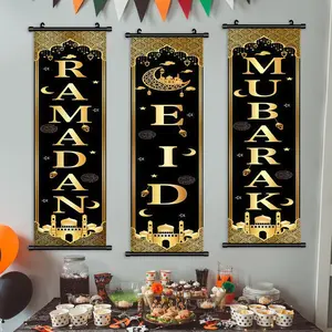 3-Piece Ramadan Decoration Set, & Gold Moon Design Banner, 3 Counting Hanging Banners, Exquisite Poster, Perfect for Home Party Decorations, Yard Sign Banner, Decorative Banner