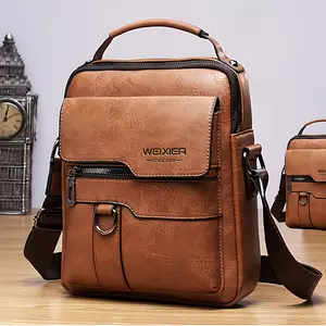 WEIXIER Men's PU Leather Crossbody Bag Retro Street Style Large Capacity Commuter Bag with Adjustable Shoulder Strap for Business Travel Daily Use