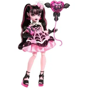 Monster High Scary Sweet Birthday Doll Draculaura in Pink Party Dress with Themed Accessories Like Invite Balloon Gift Fan and More