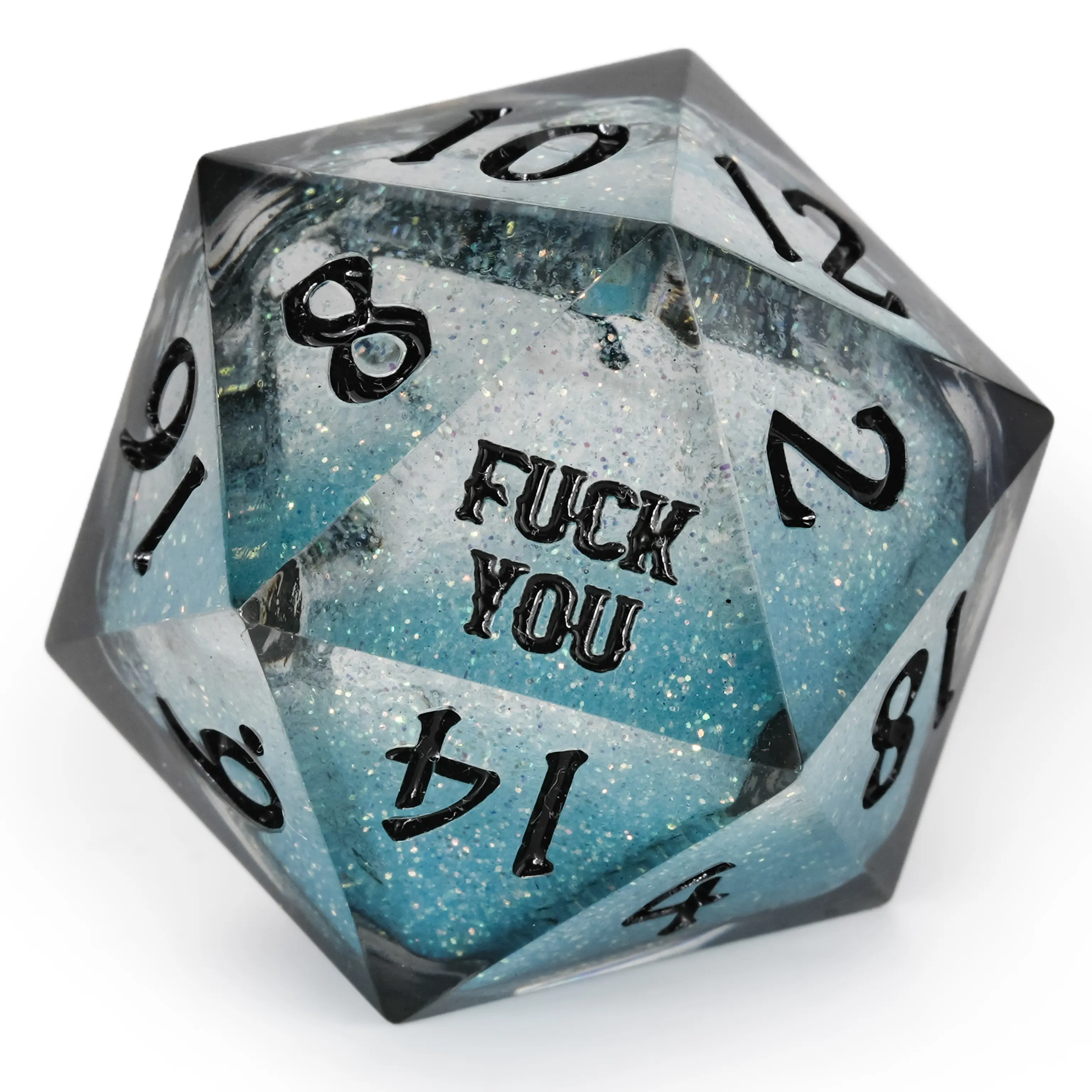Liquid Core Resin Dice Set - Kickstarter-Inspired Translucent Blue D&D Dice with Ice Blue Glitter, Engraved for RPG Gaming; Each Set Includes 1 Phrase: Either "FCK YOU" or "FCK ME",7Pcs Dice for Dungeons & Dragons, Pathfinder