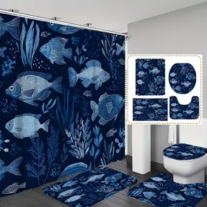 Ocean Fish Print Shower Curtain Set, 1pc/4pc Bathroom Accessories, Non-Slip Mat, U-Shaped Floor Pad, Toilet Seat Cover, Home Decor