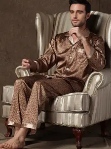 Men's Printed Colorblock Silk Sleepwear Loungewear Pajama Set Pjs, Comfortable Classic Casual Lapel Front Button Long Sleeve Shirt and Elastic Waist Pants, Spring & Fall Fashion