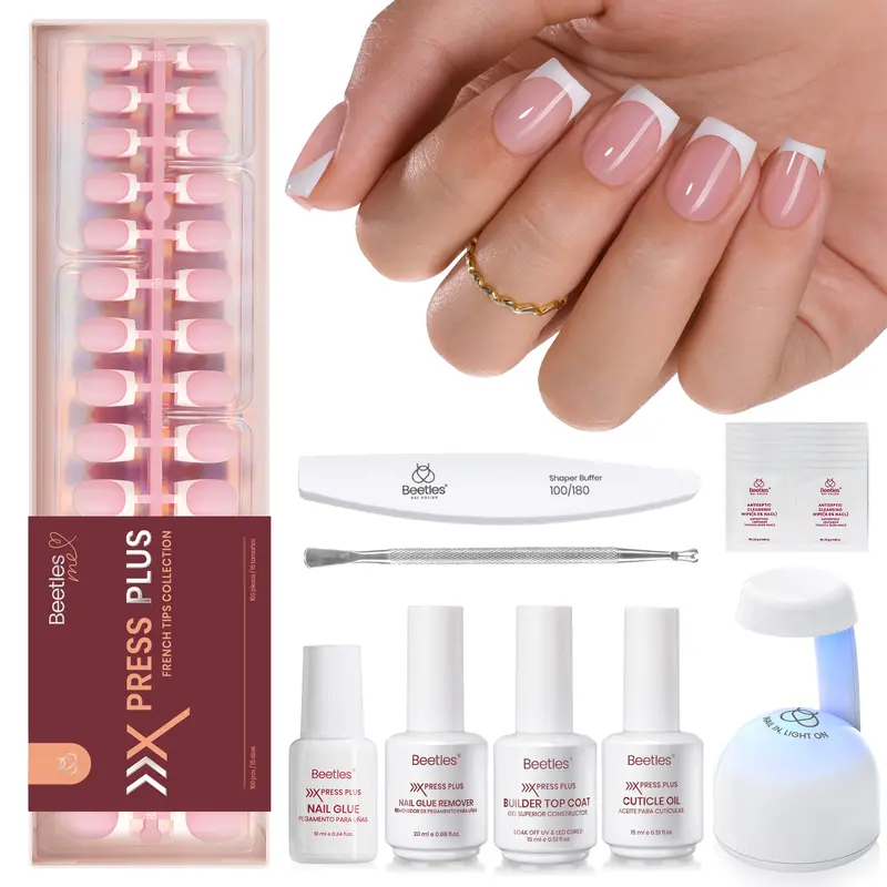 Beetles X Press Plus-Lite Kit French Tips Square Almond French Tip Press on Nails with Nail Glue Builder Top Coat Squoval Press on Nails DIY Manicure Gift for Women #Summervibes outdoorfun, Pink French Tips, 150 Pcs Short Square All In One Uv Press On Kit