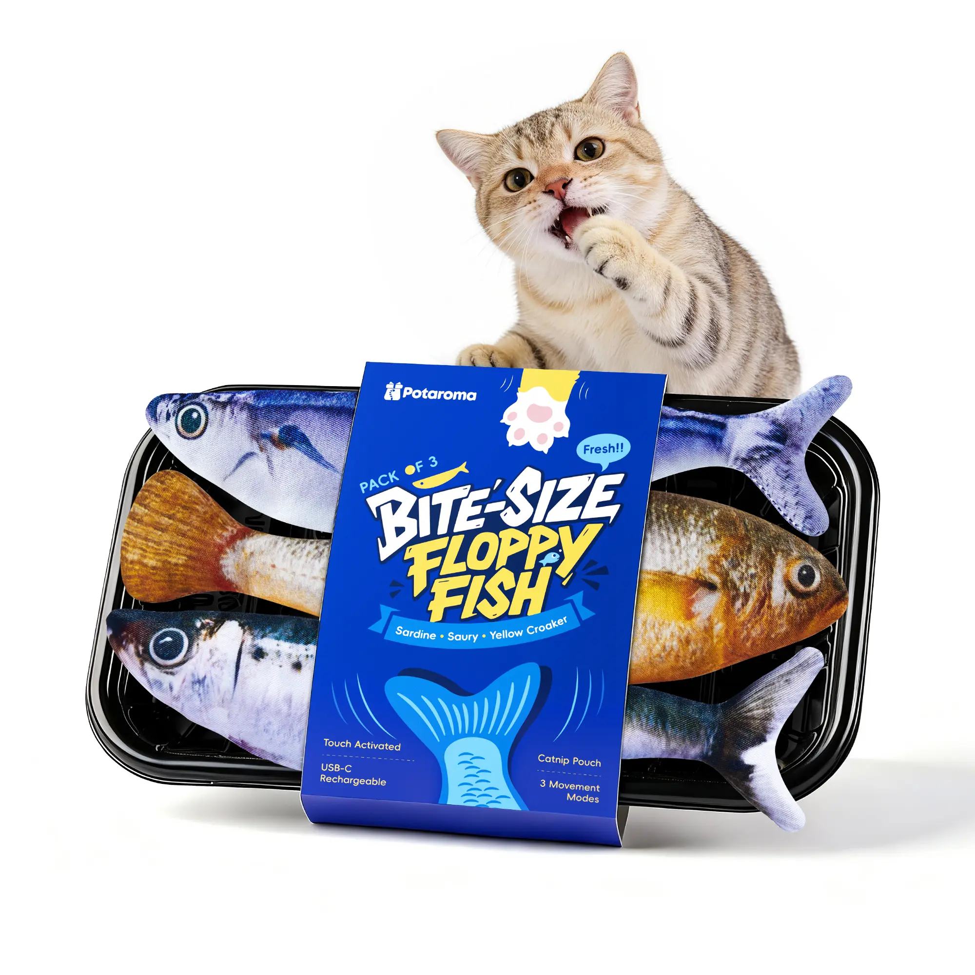 Potaroma Bite-Sized Realistic Flopping Fish Cat Toy 3 Pack, Durable Plush Interactive Rechargeable Cat Toy, Auto-Activated Motion 3 Flapping Modes, 7.1in Sardine Saury Yellow Croaker for Indoor Cats