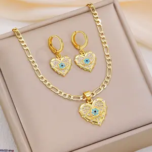Women's 3-Piece Evil Eye Heart Jewelry Set - Gold/Silver Plated Charm Set Necklaces & Earrings, Crystal Art Necklaces with Nazar Charm Costume Jewelry Kit