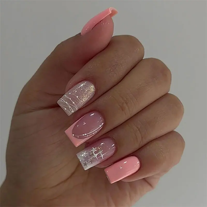 24pcs Line Star Press-On Reusable Fake Nails, Wearable Armor, Crazy Nail Art, Easy to Apply, Durable, Daily Party Nail Art Design Creative Manicure, Includes Jelly Glue
