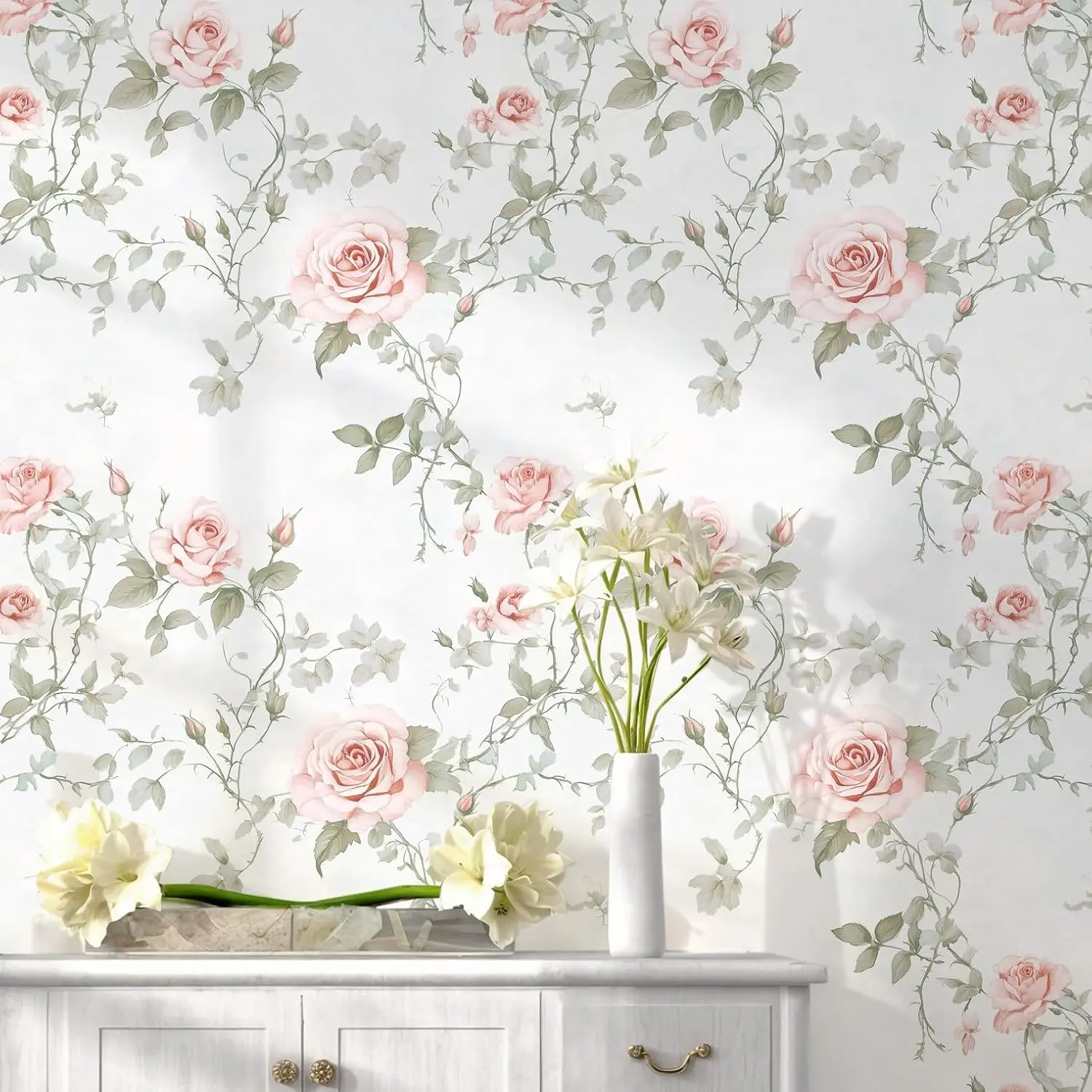 Vintage Floral Self-Adhesive Vinyl Wallpaper, 17.3x197in Blush Pink Flower Green Leaf Waterproof Moisture-Proof Removable DIY-Friendly Paper for Accent Walls, Bedroom Headboards, Cabinet Refinishing