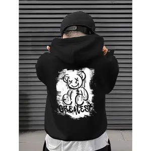 1pc GREATEST Boys' White Hooded Sweatshirt with Bear Logo & White Letter G - Tween Boys' Oversized Loose Fit Sweater, Machine Washable Spring/Fall Casual Sweating Top for & Playdates ( Teen Clothing)